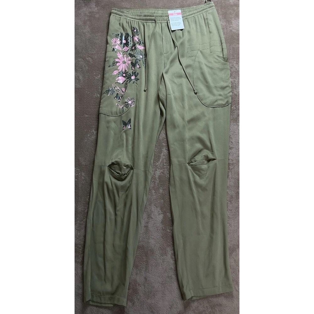 Oslo Womens Olive Floral Butterfly Viscose Jogger Pants Drawstring Size 10